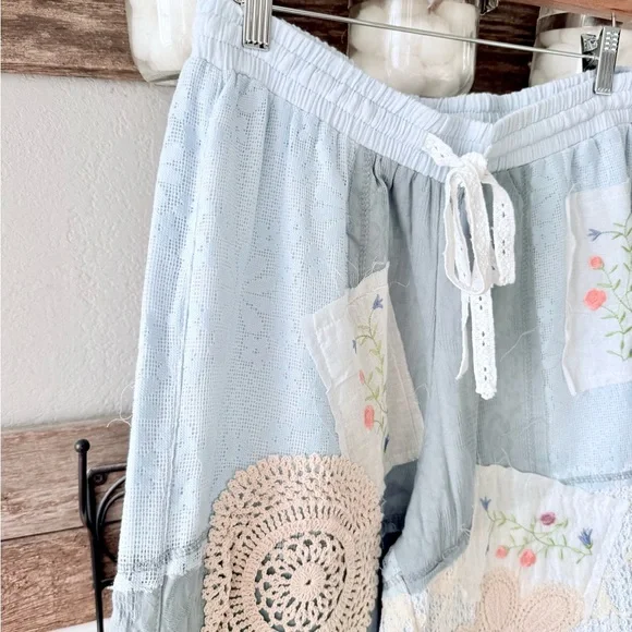 POL Wide Leg Patchwork Pants in Light Blue with Cream Accents - Picture 3 of 8